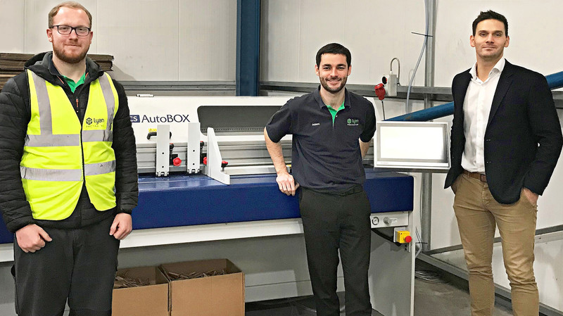 Andrew Lucy (left), Adam Jones (centre) of Autobox with Arran Sethi (right) from Kolbus UK at the new Lyan Packaging installation.